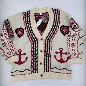 Anthropologie Cream and Red Anchor Cardigan